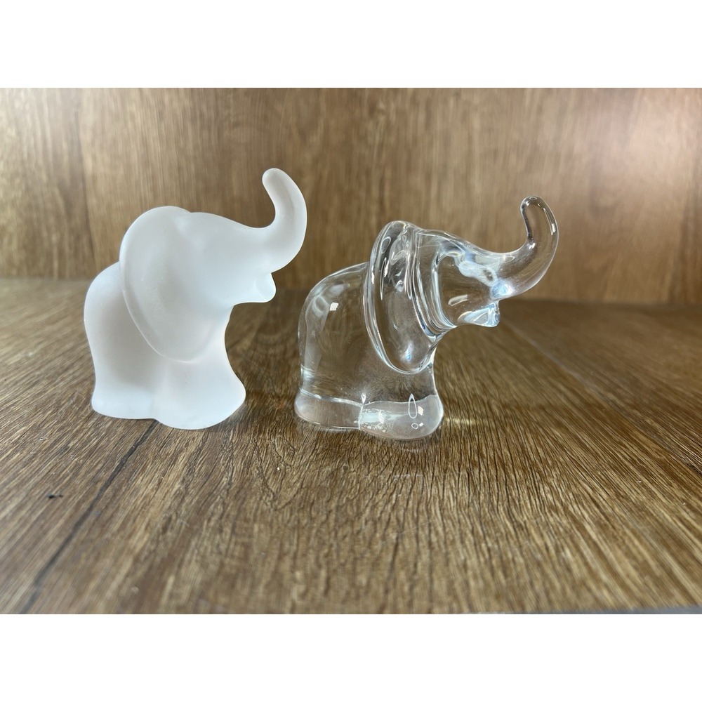 Stolzle Kristall Austria Glass Elephant Figurine Set Frosted Clear Trunk Up 3in